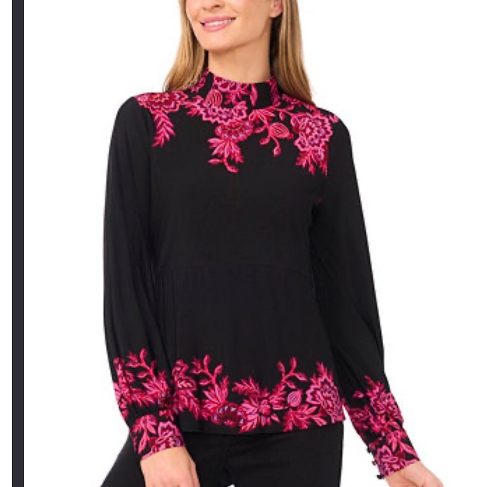 CeCe Womens Black Pink Floral Embroidered Mock Neck Blouse Long Sleeve Size M